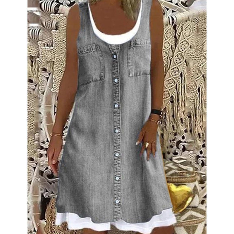 Novalie - Korte jurk voor dames met denim effect zonder mouwen