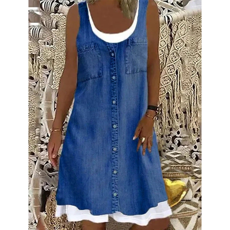 Novalie - Korte jurk voor dames met denim effect zonder mouwen