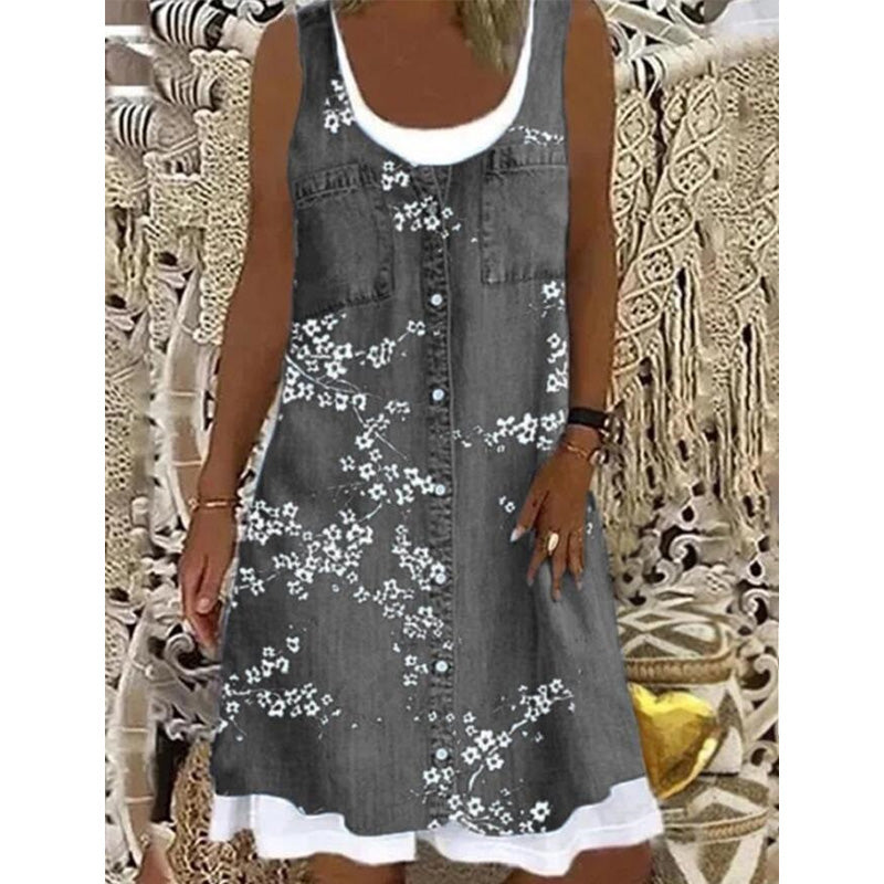 Novalie - Korte jurk voor dames met denim effect zonder mouwen