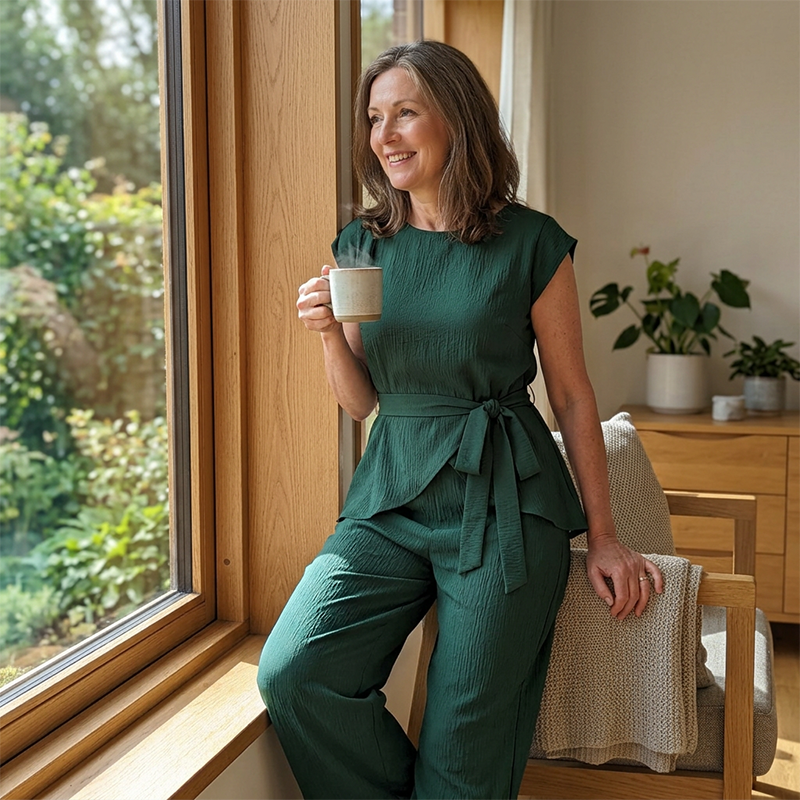 Bevoria - Chique damesoutfit met ceintuur en wijde broek