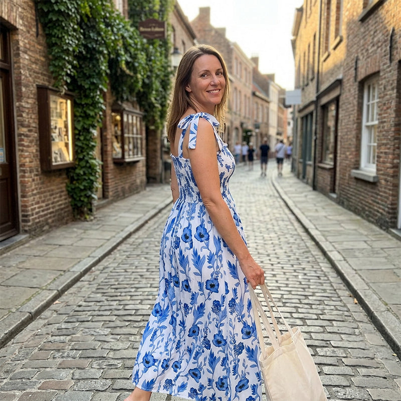 Florenne - Lange jurk voor vrouwen met bloemenprint, smocks en knoopbandjes