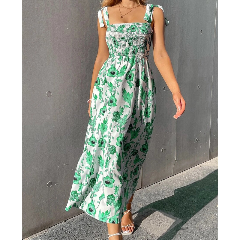 Florenne - Lange jurk voor vrouwen met bloemenprint, smocks en knoopbandjes