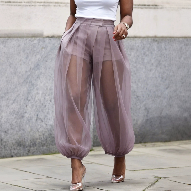Perelle - Dames transparante mesh broek met geïntegreerde short