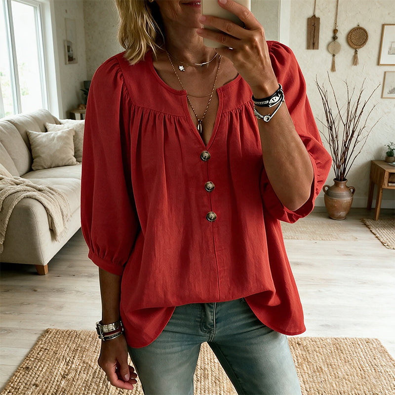 Félicienne - Damesblouse met V-hals en elegante driekwartmouwen