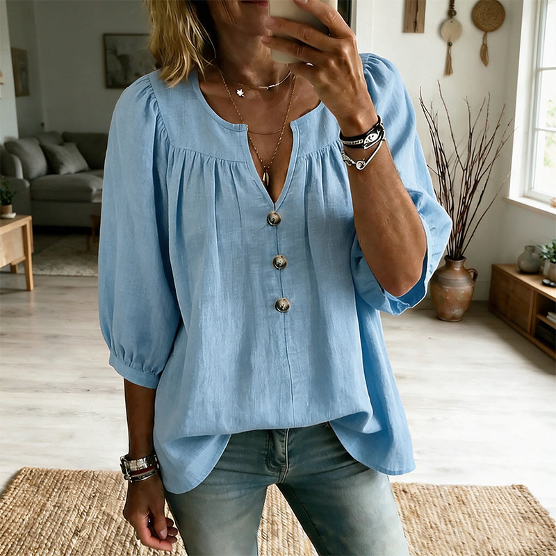 Félicienne - Damesblouse met V-hals en elegante driekwartmouwen