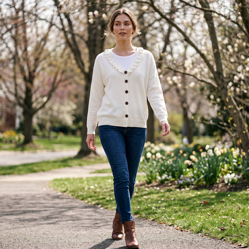 Neeltje - Dames gebuttonneerde cardigan van breiwerk met volantkraag