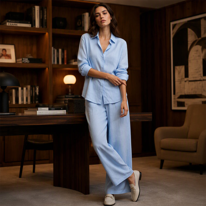 Mirthe - Dames set met knoopblouse en wijde, vloeiende broek