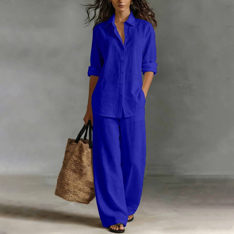 Mirthe - Dames set met knoopblouse en wijde, vloeiende broek