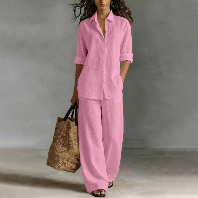 Mirthe - Dames set met knoopblouse en wijde, vloeiende broek