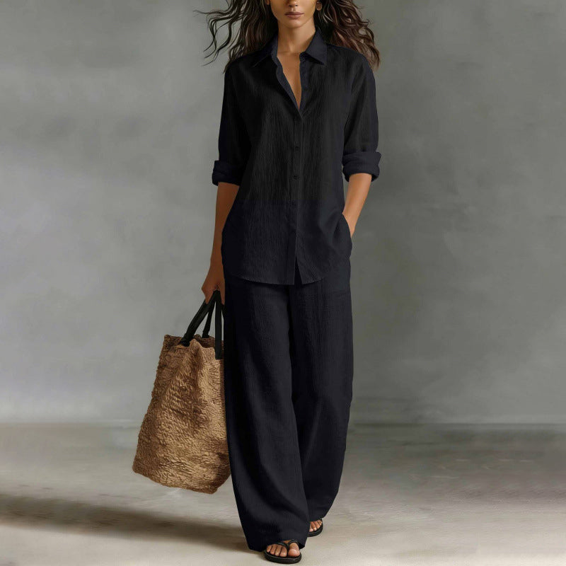 Mirthe - Dames set met knoopblouse en wijde, vloeiende broek