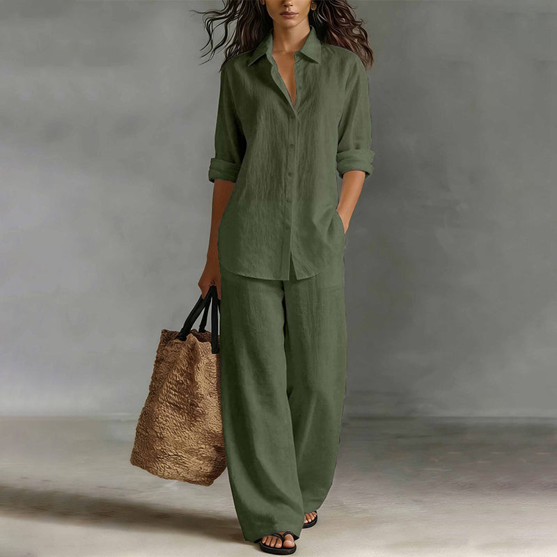 Mirthe - Dames set met knoopblouse en wijde, vloeiende broek