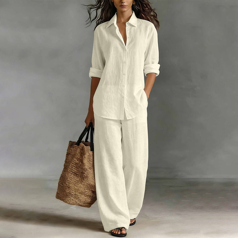 Mirthe - Dames set met knoopblouse en wijde, vloeiende broek