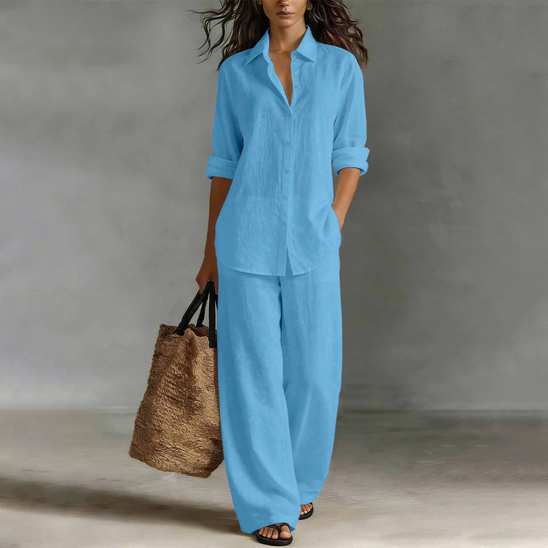 Mirthe - Dames set met knoopblouse en wijde, vloeiende broek