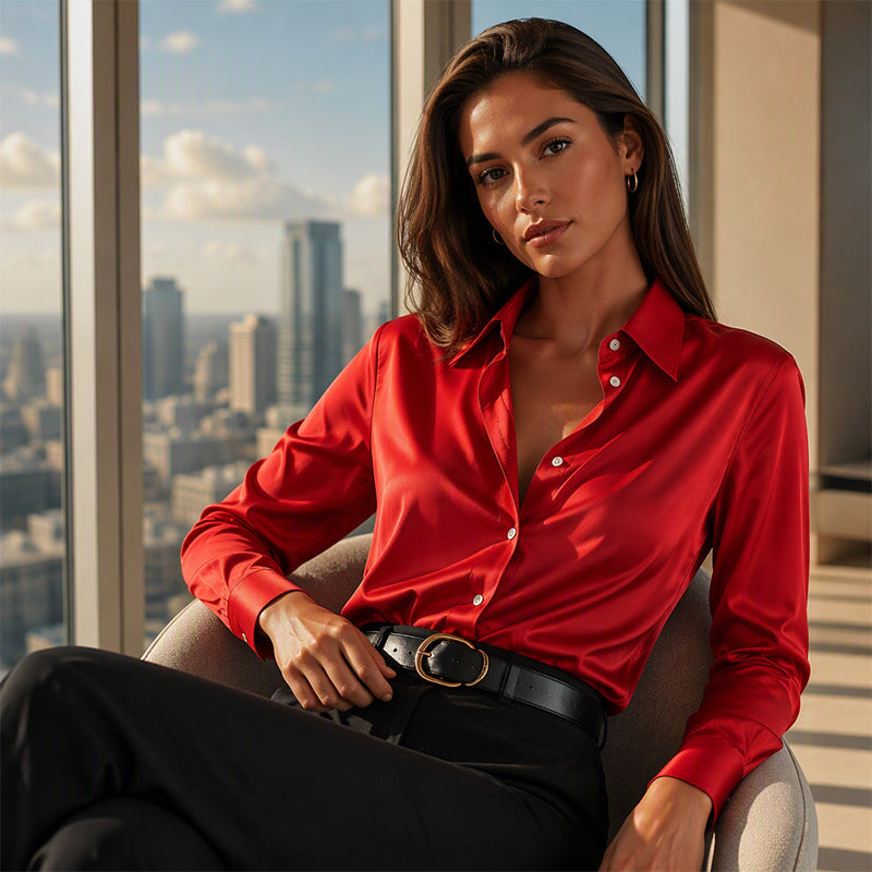 Zosja - Dames satijnen blouse met lange mouwen en kraag