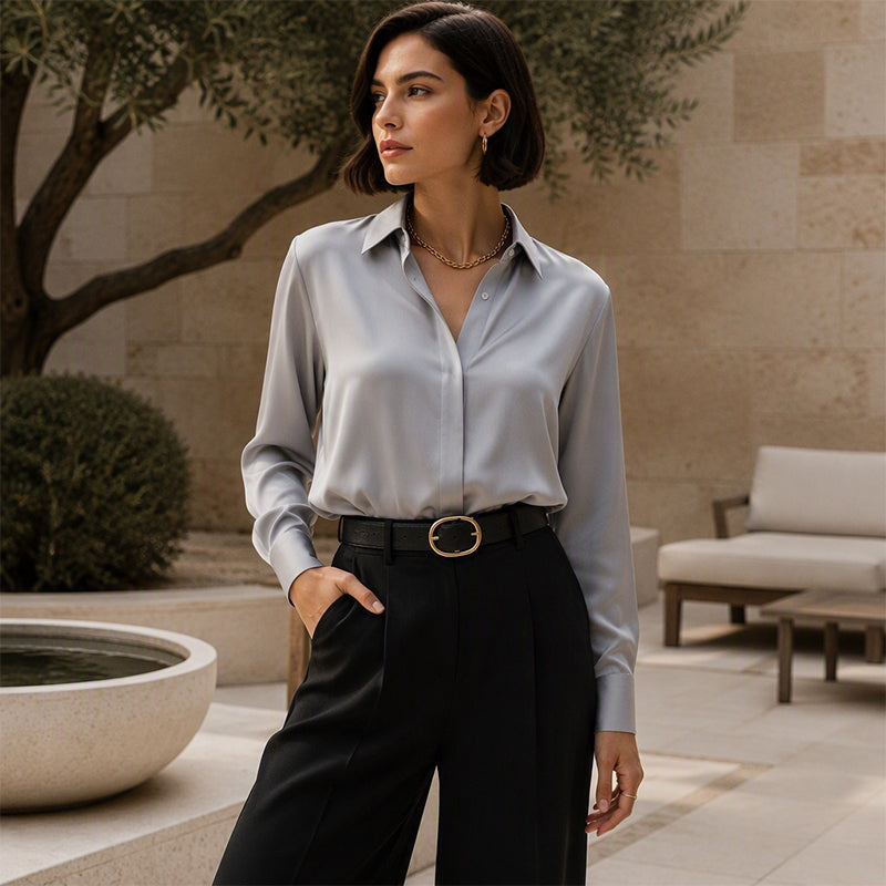 Zosja - Dames satijnen blouse met lange mouwen en kraag
