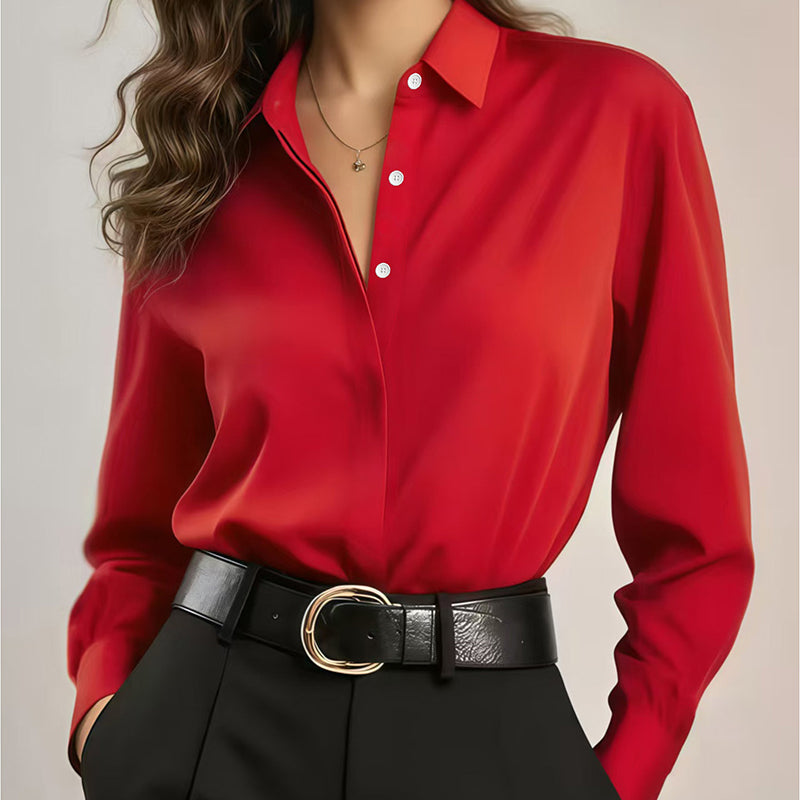 Zosja - Dames satijnen blouse met lange mouwen en kraag