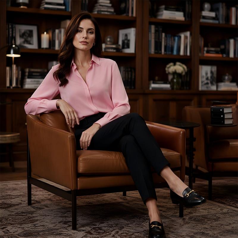 Zosja - Dames satijnen blouse met lange mouwen en kraag