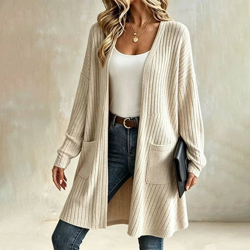 Doortje - Lange geribbelde cardigan voor dames met zakken