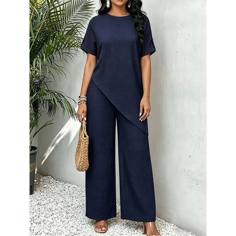 Clothilde - Damesoutfit met asymmetrisch top en brede, vloeiende broek