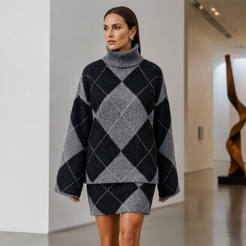 Césarine - Vrouwen set in argyle brei met rok