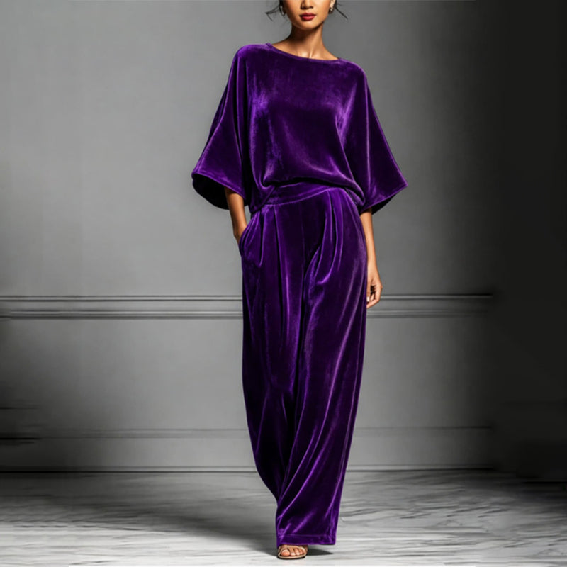 Tine - Vrouwenvelours set met een losse top en brede broek