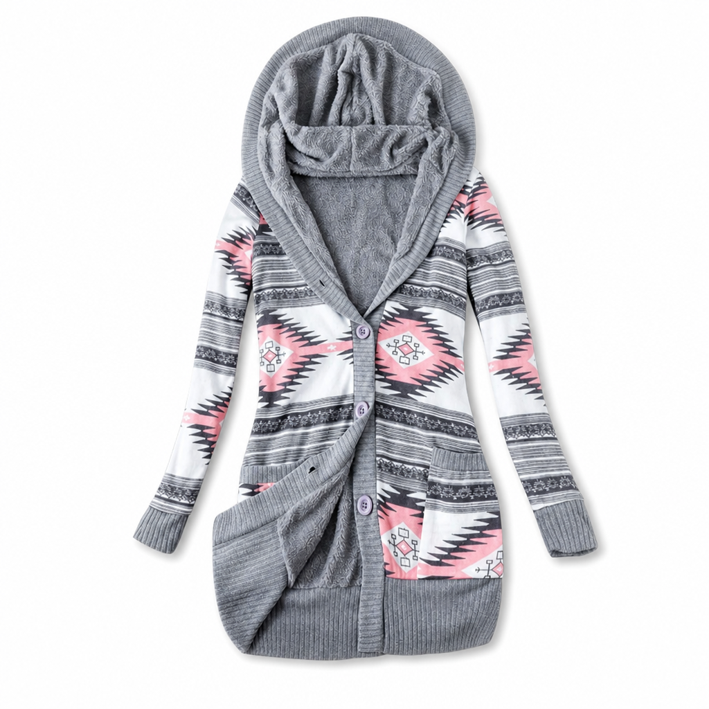 Janke - Lange dames cardigan met capuchon in jacquard breiwerk en knopen