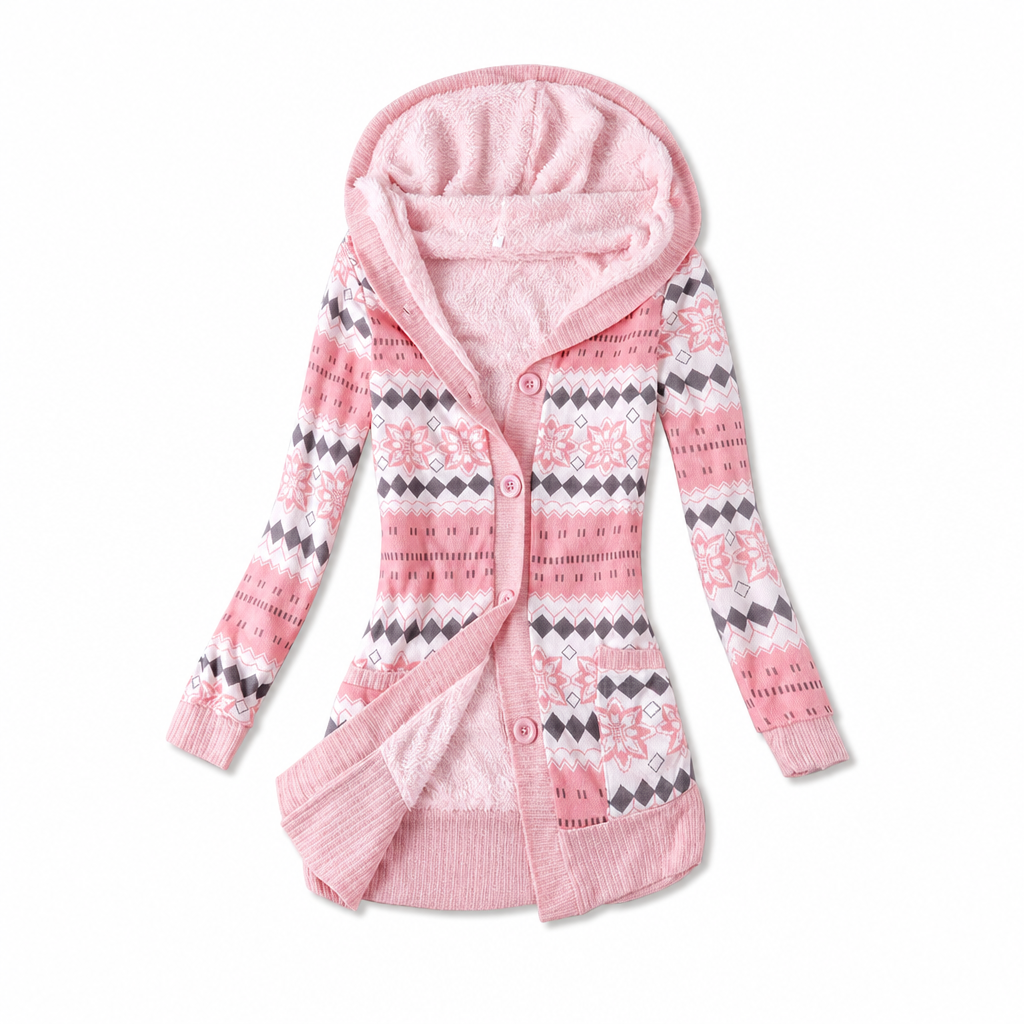 Janke - Lange dames cardigan met capuchon in jacquard breiwerk en knopen