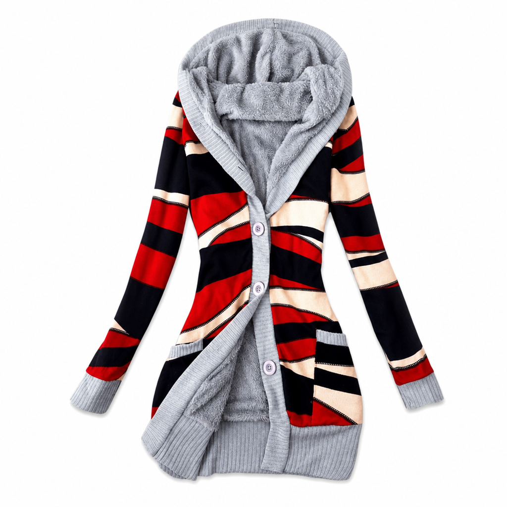 Janke - Lange dames cardigan met capuchon in jacquard breiwerk en knopen