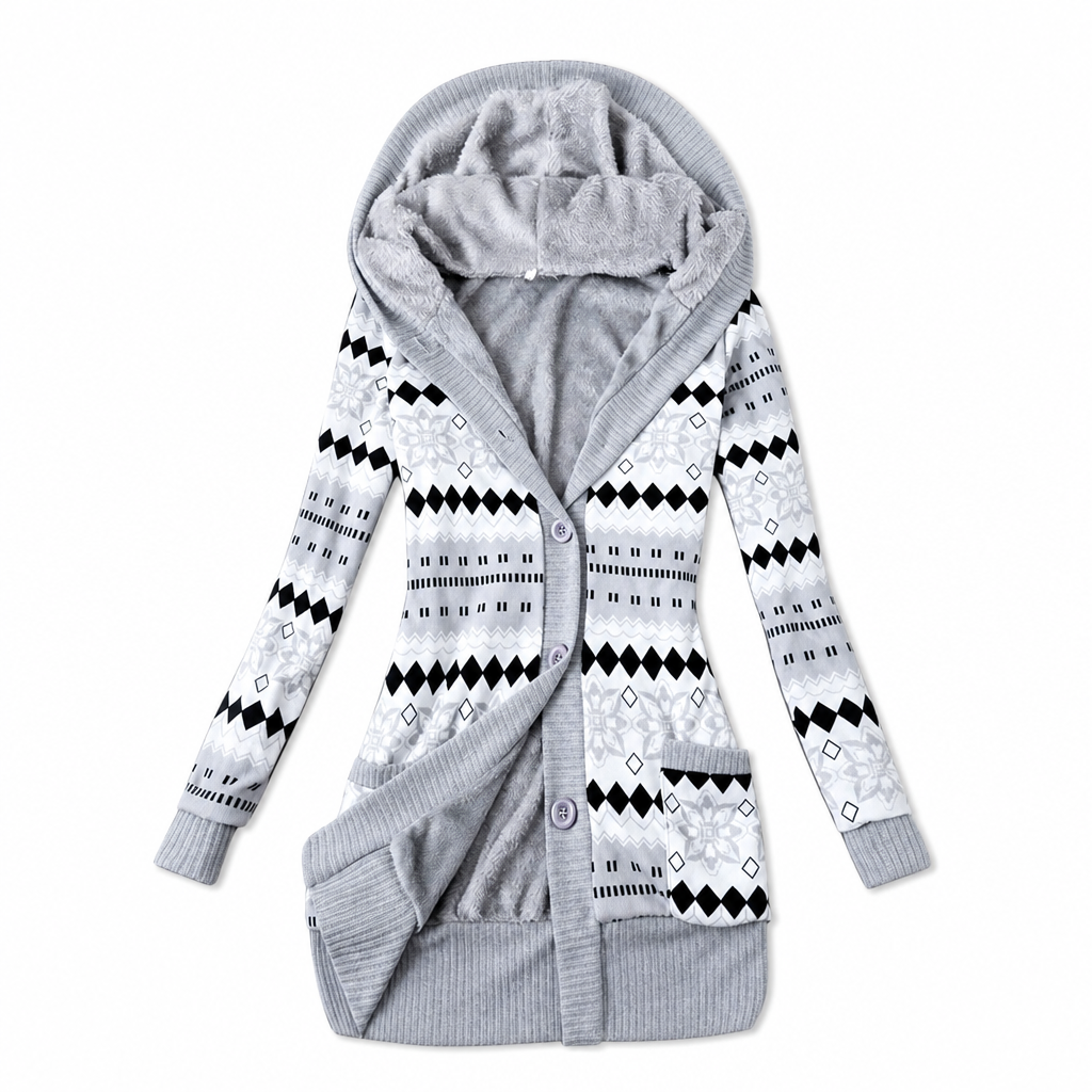 Janke - Lange dames cardigan met capuchon in jacquard breiwerk en knopen