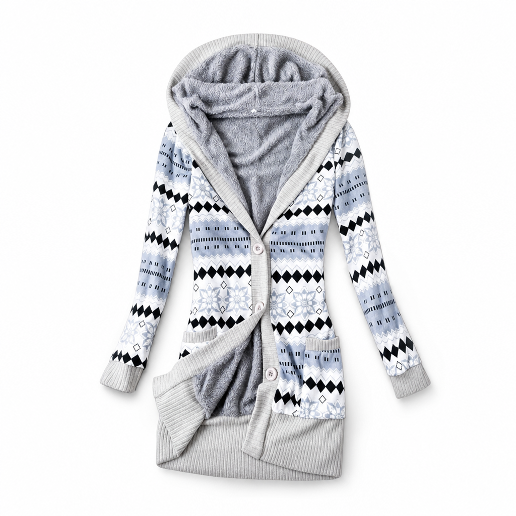 Janke - Lange dames cardigan met capuchon in jacquard breiwerk en knopen