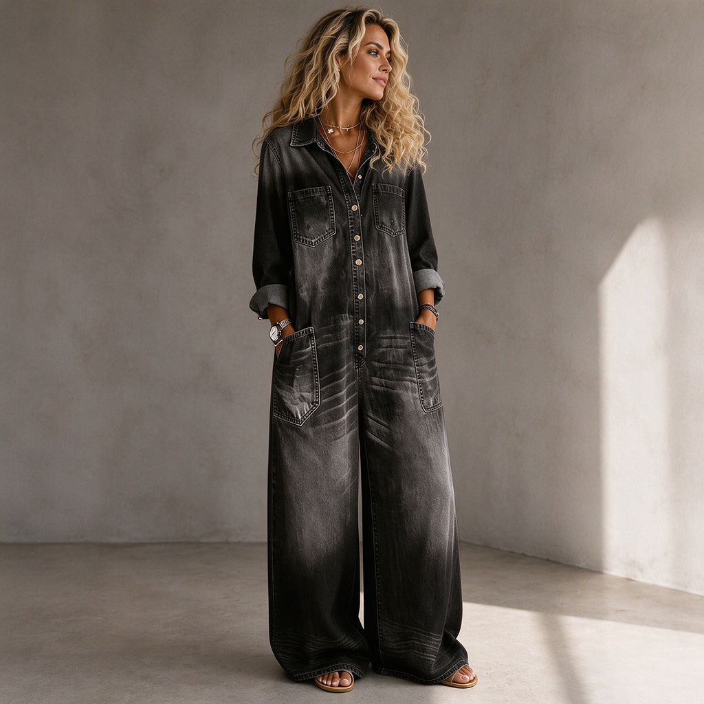 Elien - Dames jumpsuit van denim met wijde benen in vintage stijl
