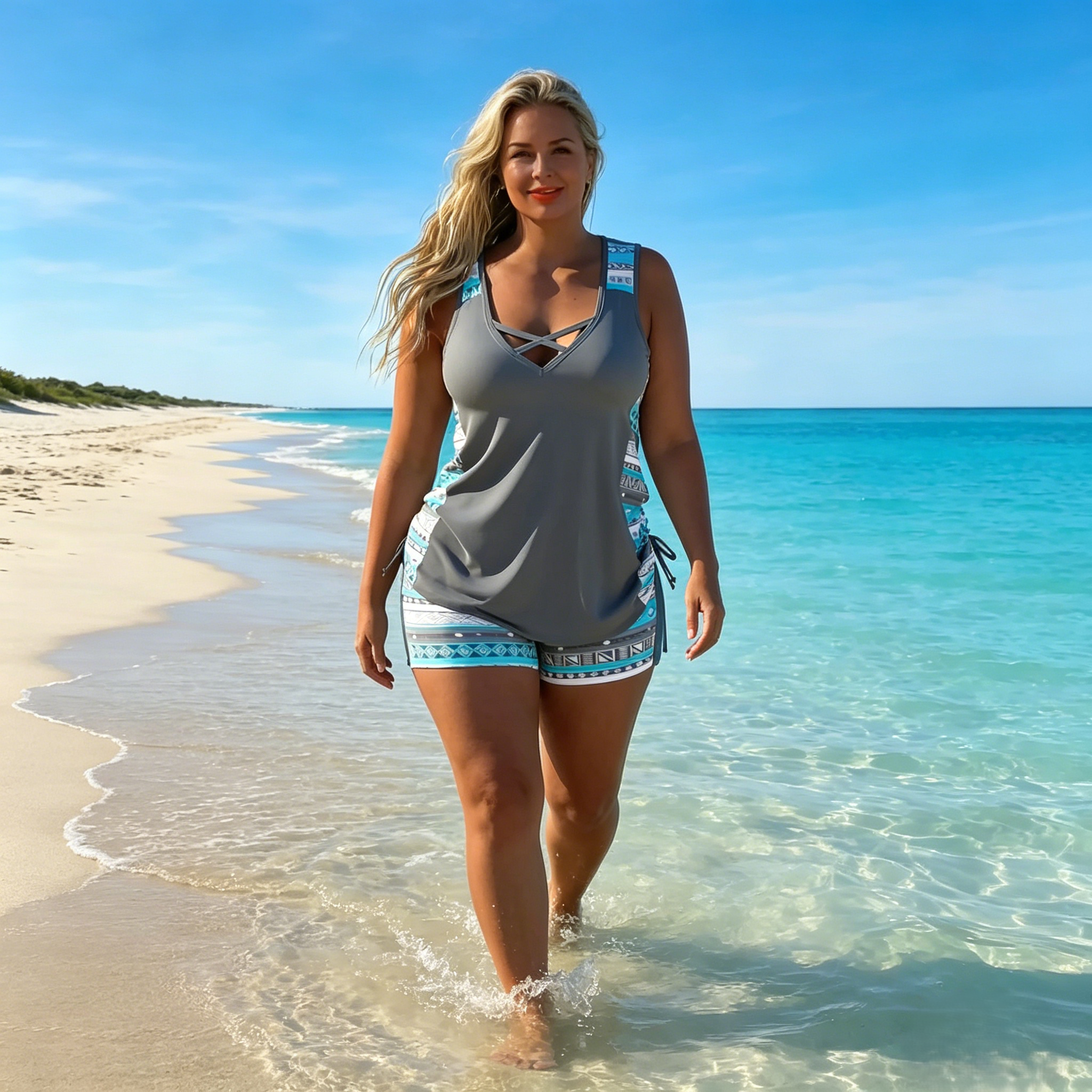 Tovienne - Tankini voor dames twee stukken V-hals korte geometrische print