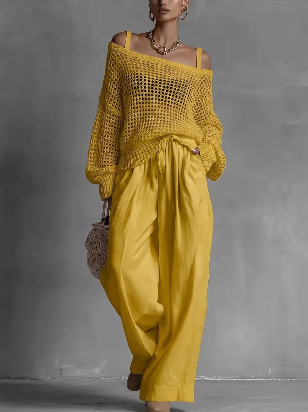 Cleora - Vrouwen tweedelig ensemble met opengewerkt truitje en brede broek