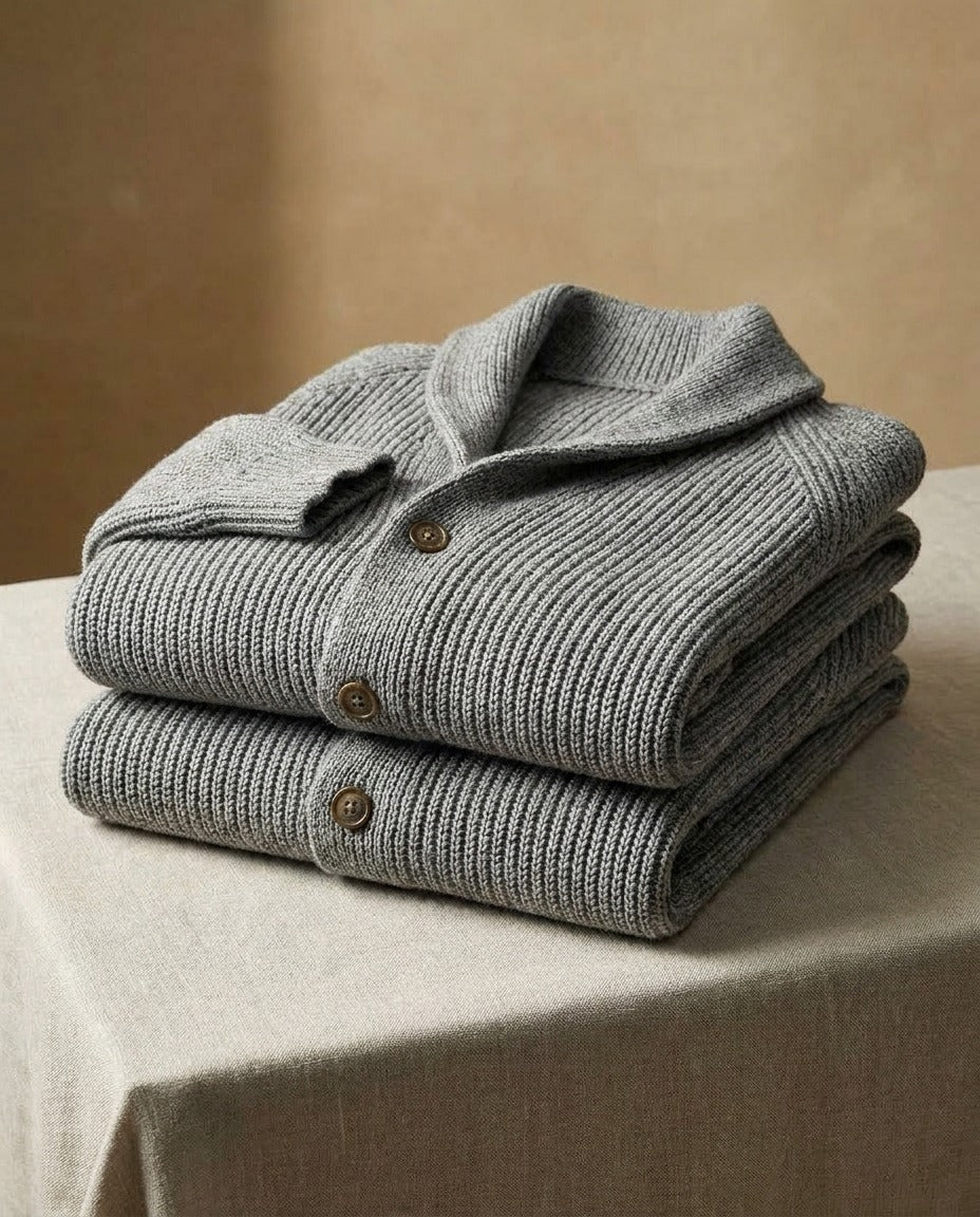 Kevin - Heren cardigan van ribbelbrei met sjaalkraag en knopen