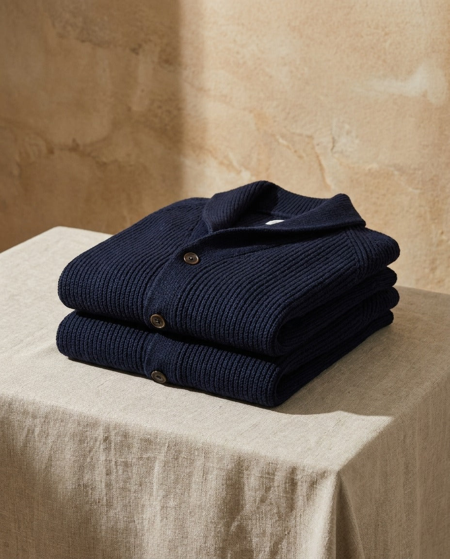 Kevin - Heren cardigan van ribbelbrei met sjaalkraag en knopen