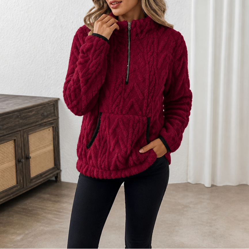 Rinske - Dames fleece trui met halve rits en kangoeroezak